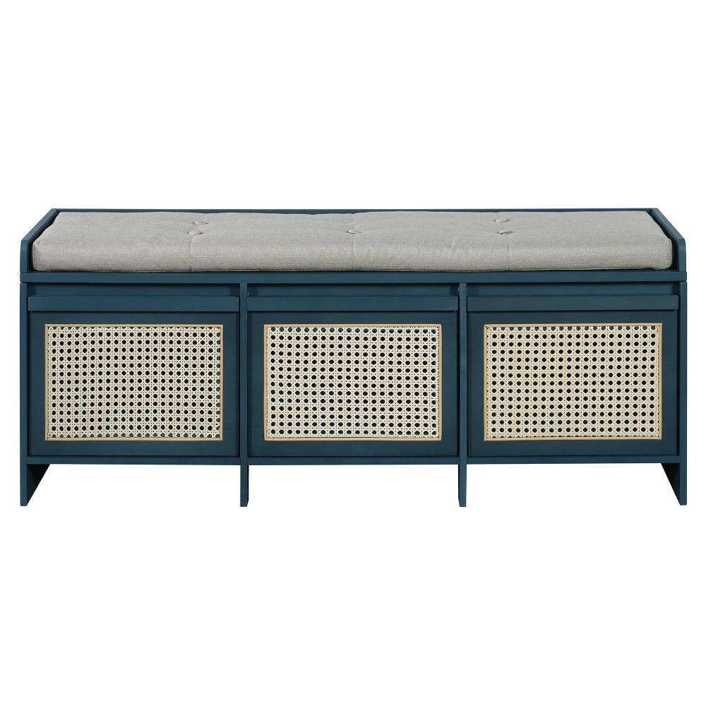 48 in. Storage Bench Antique Navy MDF with Rattan Drawers and Button-Tufted Cushion Assembly Required