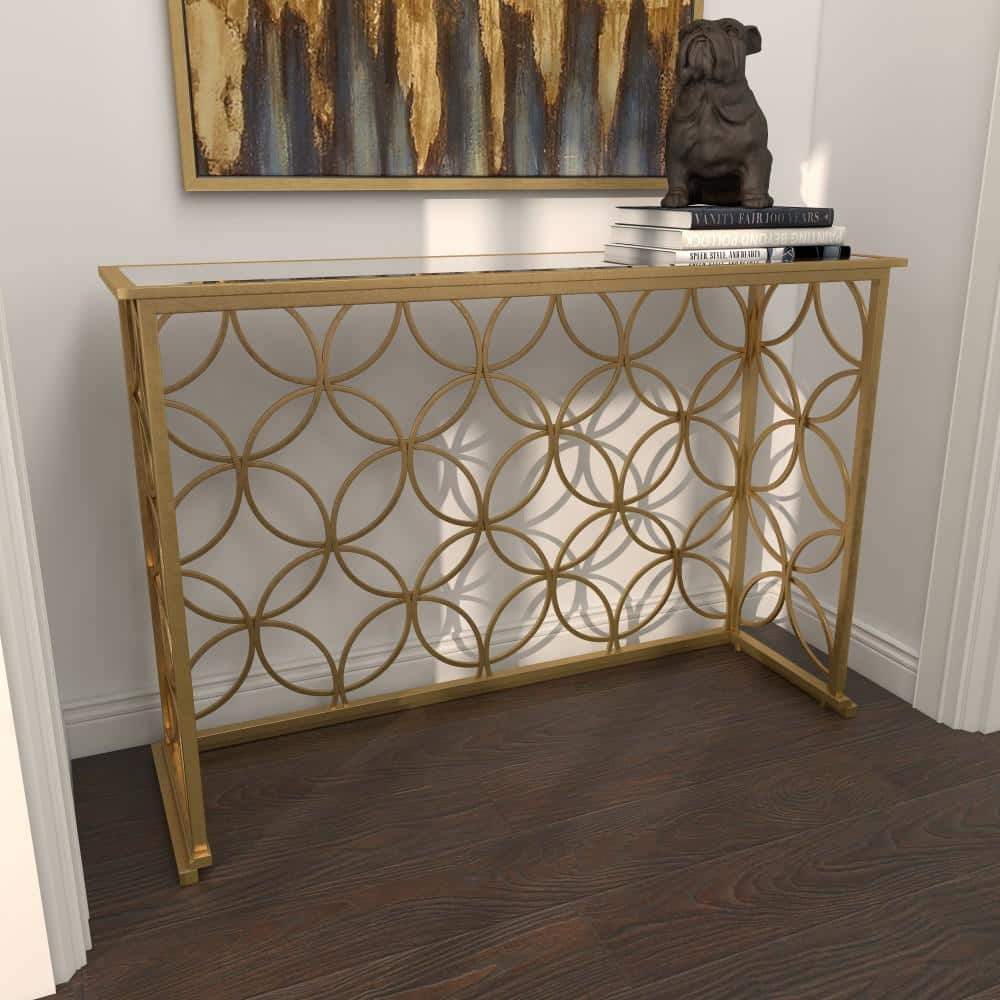 Elegant Gold Metal & Mirrored Glass Console Table, 47" x 32"