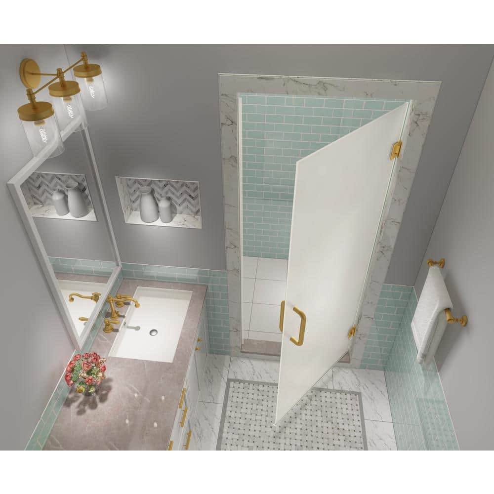 Kinkade XL Brushed Gold Frameless Hinged Shower Door with Frosted Glass