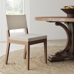 Linus 19 in. Modern Upholstered Dining Chair with Solid Wood Wire-Brushed Legs, Natural Flax/Brown
