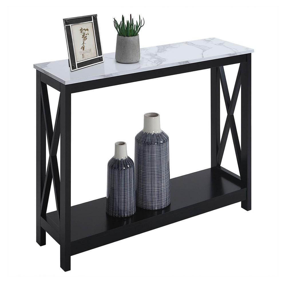White Faux Marble and Black Console Table with Shelf