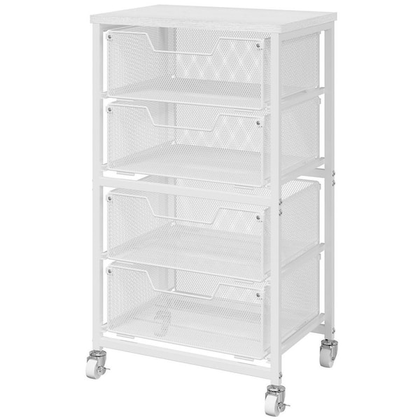 White 4-Drawer Rolling Storage Cart with Wooden Top, Mesh Drawers and Locking Wheels for Craft Supplies