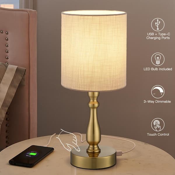 16.5 in. Brass Touch Control 3-Way Table Lamp with USB and Type C Charging Ports, 6-Watt LED Bulb Included