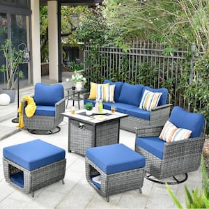 Fortune Dark Gray 7-Piece Wicker Patio Fire Pit Conversation Set with Navy Blue Cushions and Swivel Chairs