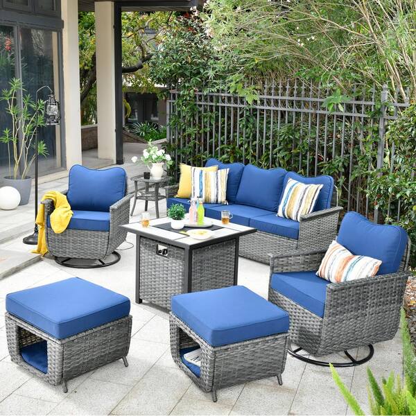 OVIOS Fortune Dark Gray 7-Piece Wicker Patio Fire Pit Conversation Set with Navy Blue Cushions and Swivel Chairs