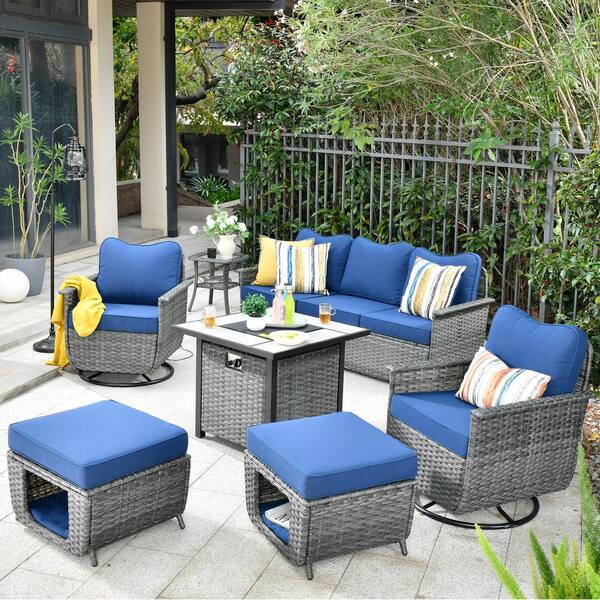 OVIOS Fortune Dark Gray 7-Piece Wicker Patio Fire Pit Conversation Set ...