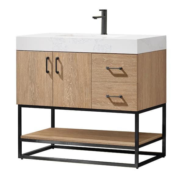 Alistair 36B in. W x 22 in. D x 33.9 in. H Vanity in Oak with White Stone Vanity Top with White Basin no Side Cabinet