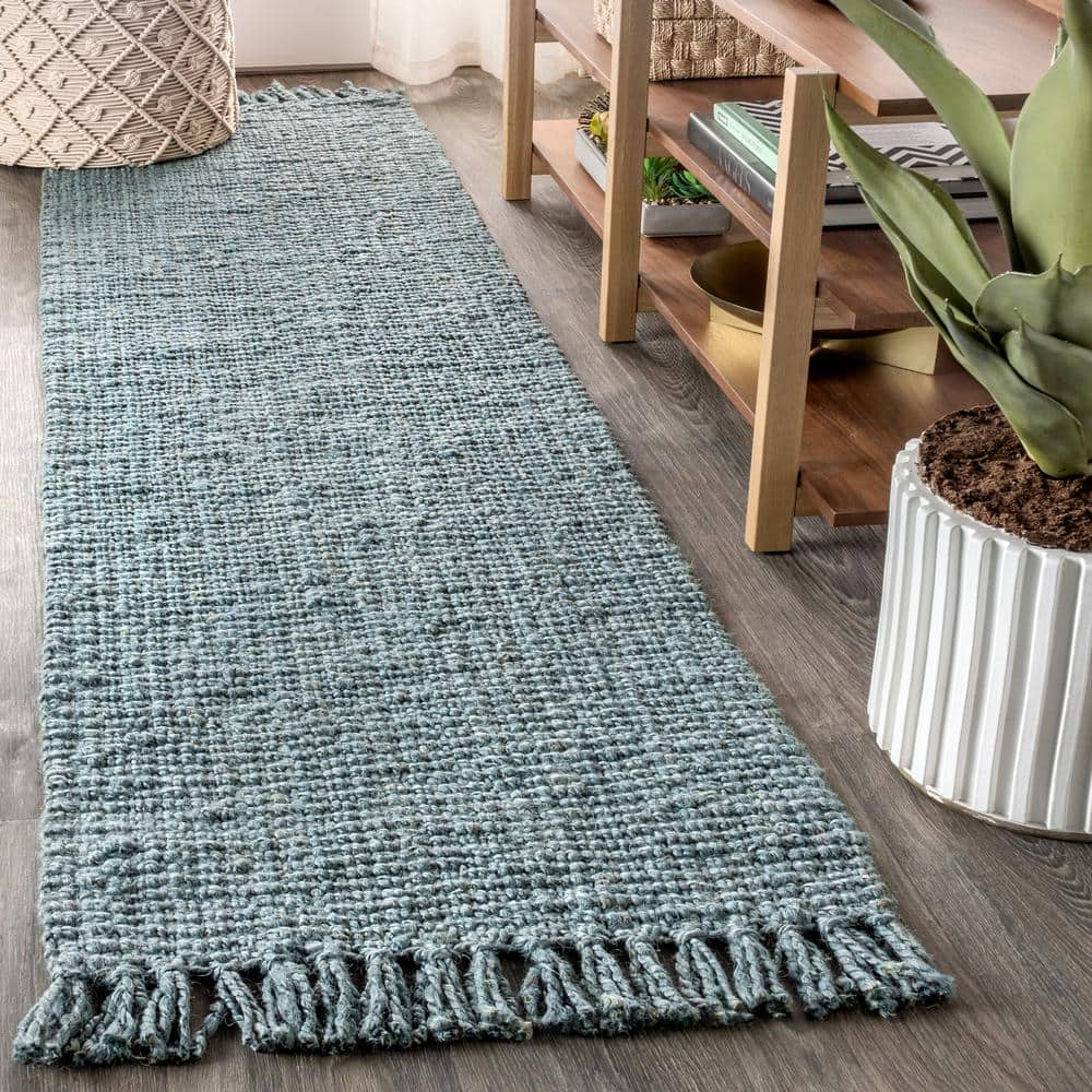 Hand Braided Bohemian Denim Blue Color store Cotton and Jute Mix Runner Rug Rectnagele Floor Beautiful Denim Rug Size 2.6 Feet X 10 Feet