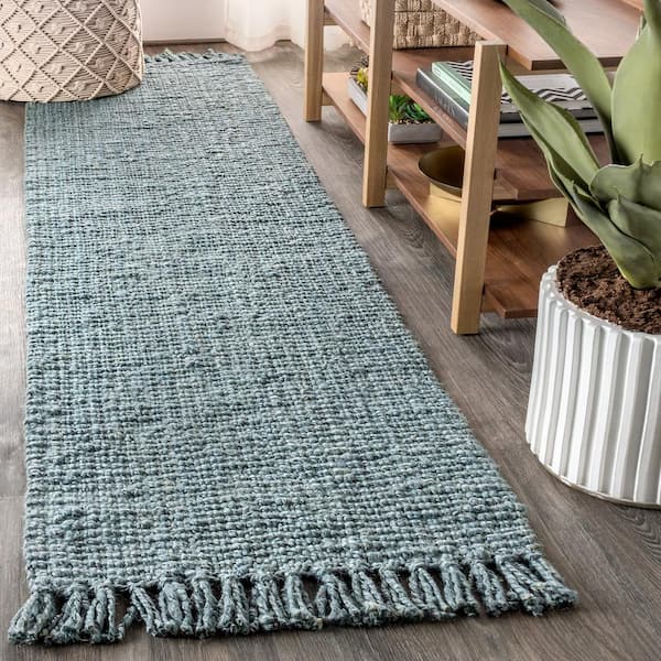 Pata Hand Woven Chunky Jute with Fringe Light Blue/Gray 2 ft. x 20 ft. Runner Rug