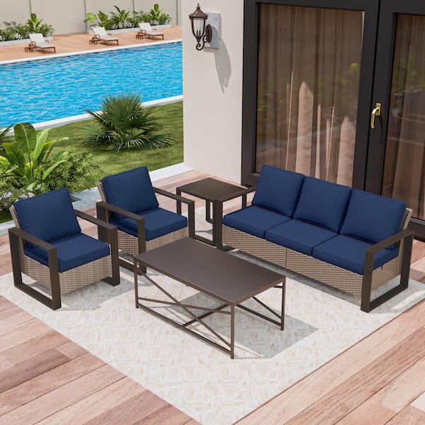 Brown Wicker 5-Piece Patio Furniture Set Conversation Set with Olefin Blue Cushions