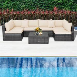 7-Piece Wicker Patio Conversation Set with Sectional Sofa Beige Cushioned