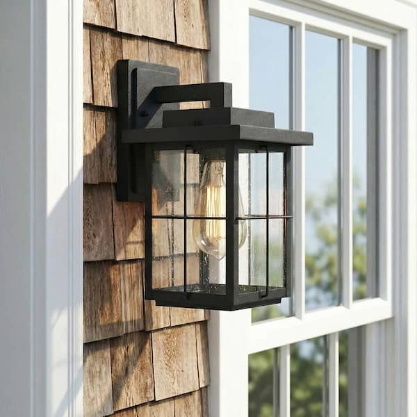 Mill 11 in. Modern Black Outdoor Wall Lantern Sconce Farmhouse 1-Light Porch/Patio Seeded Glass Wall Lamp Exterior Light