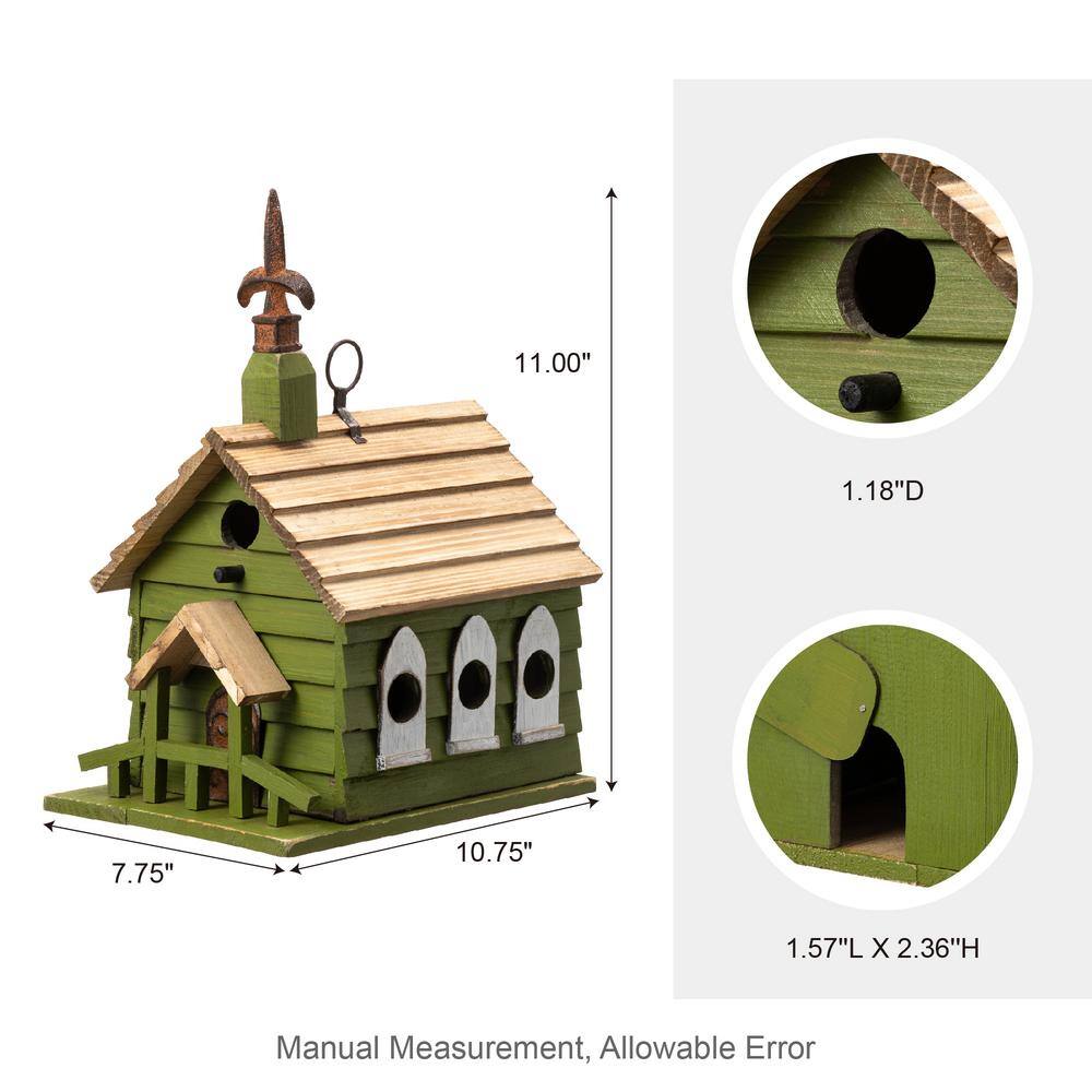 Green Hand Painted Wood Birdhouse with Distressed Details