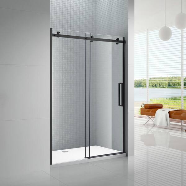 Amluxx Primo 48 in. x 78 in. Frameless Sliding Shower Door in Black with 8 mm Clear Glass