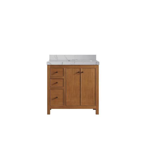 Willow Collections Chicago Veneer 36 in. W x 22 in. D x 36 in. H Right Sink Bath Vanity in Dark Natural with 2" Venatino Qt. Top