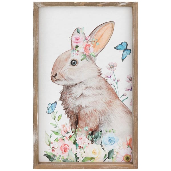 Easter Bunny with Flowers Framed Wall Sign-15.75 in.