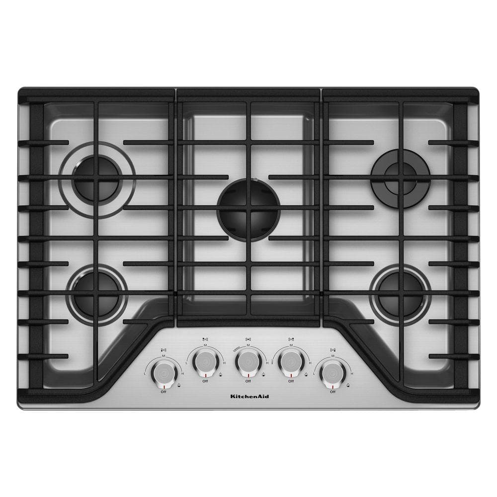 KitchenAid 36 in. Gas Cooktop in Stainless Steel with 5 Burners Including a Multi-Flame Dual Tier Burner and a Simmer Burner, Silver