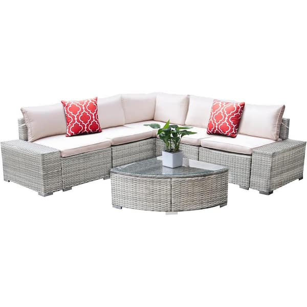 VIWAT 6-Piece Wicker Outdoor Sectional Set with Beige Cushion