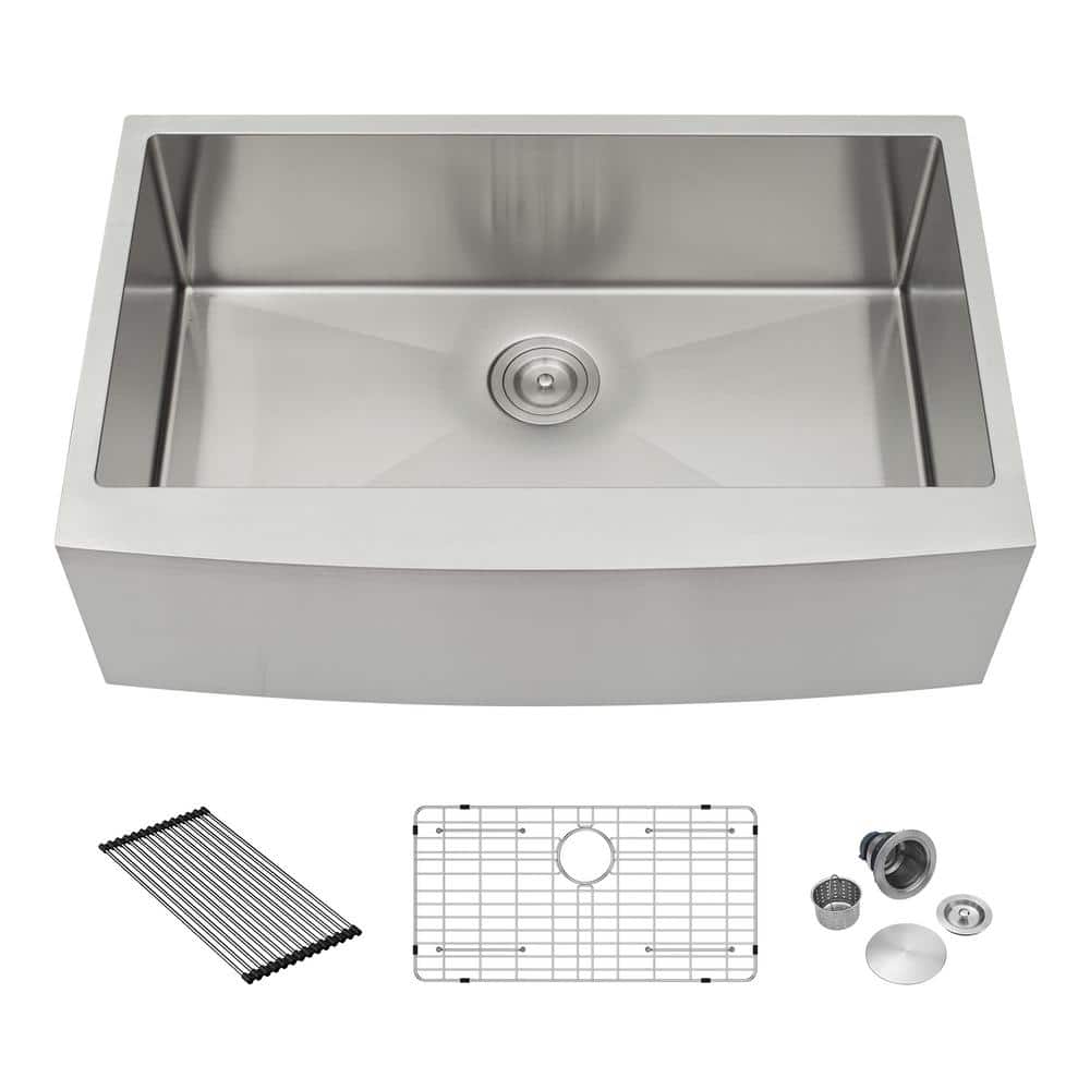 36 in. Farmhouse/Apron Front Single Bowl 16-Gauge R10 Corner Stainless Steel Kitchen Sink Farmer Sink with Bottom Grids, Silver