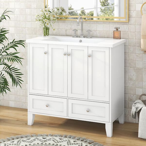 Staykiwi 36 in. W x 18 in. D x 34 in. H Single Sink Freestanding Bath Vanity in White with White Cultured Marble Top