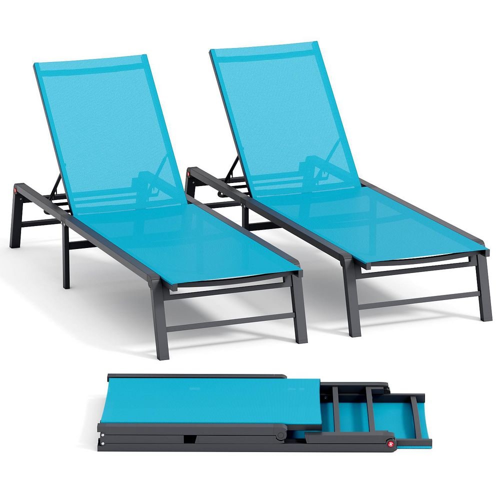 Assemble-Free Aluminum Outdoor Chaise Lounge, Patio Lounger with 5-Position Adjustable Backrest, Blue 2 Pieces price history on PriceWatchPro