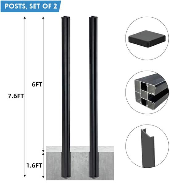mondaria Composite Fence Series 2.8 in. x 2.8 in. x 7.5 ft. Aluminum In-Ground Fence Post in Black 2-Pack