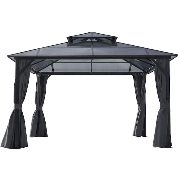 JOYRACER 10 ft. x 12 ft. Hardtop Double Roof Gazebo with Netting and Curtains, and Polycarbonate Canopy for Patio, Backyard