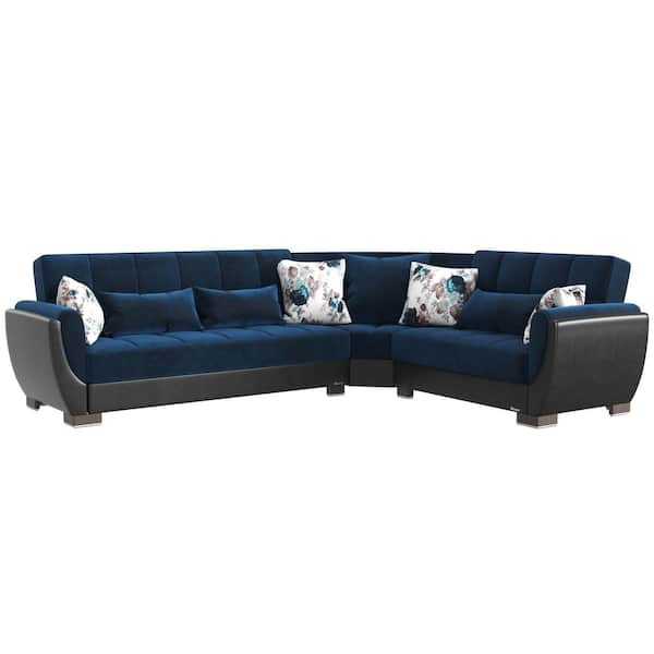 Ottomanson Basics Air Collection 3-Piece 108.7 in. Microfiber Convertible Sofa Bed Sectional 6-Seater With Storage, Turquoise/Black
