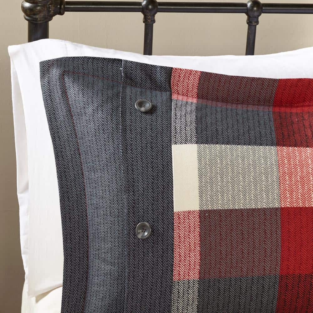 Queen Red and Gray Herringbone Plaid Comforter Set