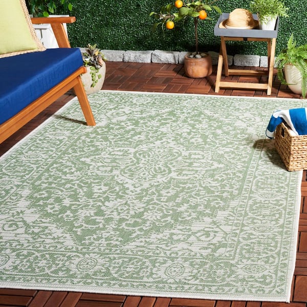 Bermuda Green/Ivory 5 ft. x 8 ft. Border Medallion Ornate Indoor/Outdoor Area Rug
