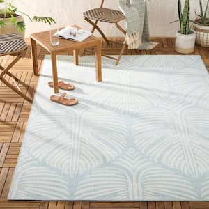 Lanai Palm Leaves Blue/Ivory 5 ft. x 7 ft. Indoor Outdoor Area Rug