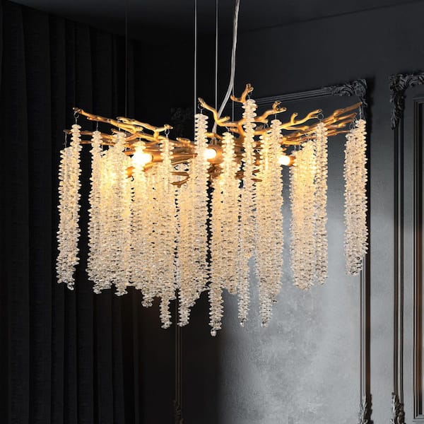24 in. W 8-light Gold Chandelier with Cascading Crystal Strands for Living Room, Dining Room