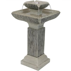 25 in. Square 2-Tier Outdoor Birdbath Water Fountain with LED Lights and Electric Submersible Pump