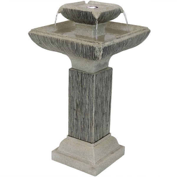 Sunnydaze Decor 25 in. Square 2-Tier Outdoor Birdbath Water Fountain with LED Lights and Electric Submersible Pump