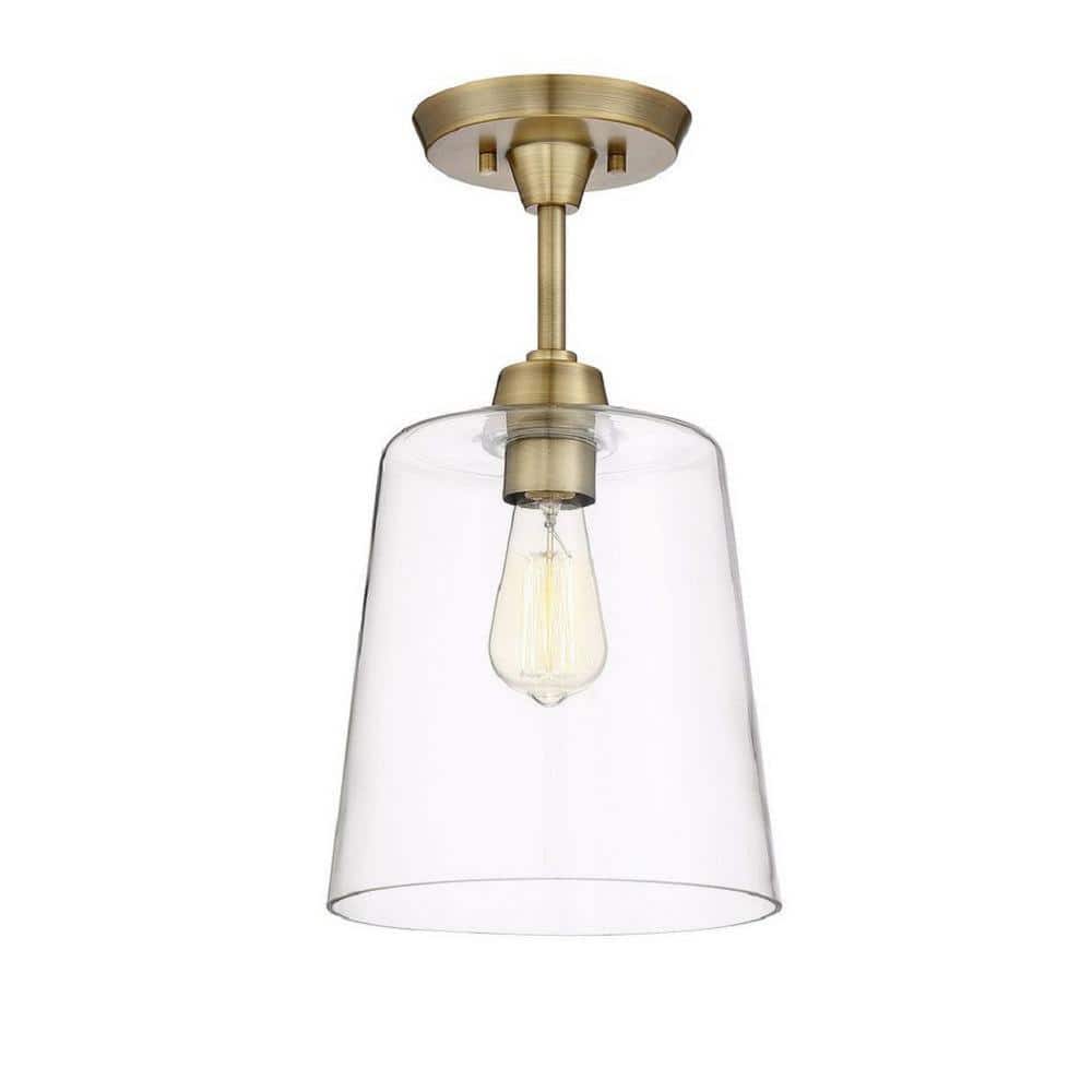 Meridian Clear Glass & Natural Brass 1-Light Semi-Flush Mount