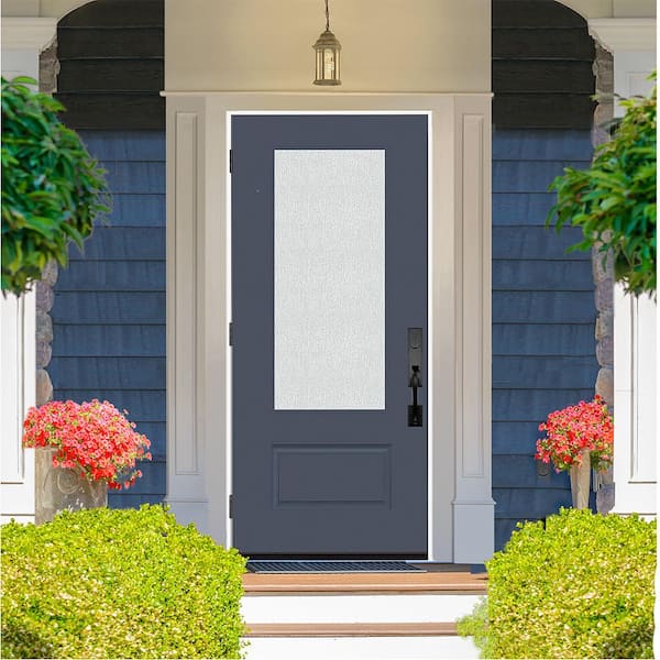 Legacy 36 in. x 80 in. 3/4 Lite Rain Glass RHOS Dark Denim Finish Fiberglass Prehung Front Door