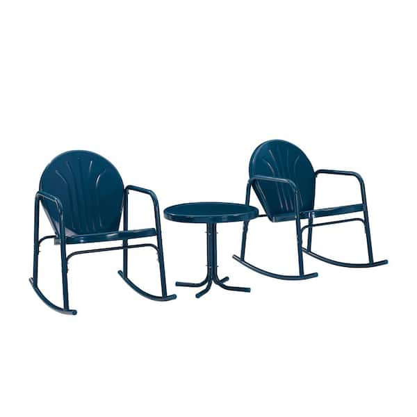 CROSLEY FURNITURE Griffith Navy 3-Piece Metal Patio Conversation Rocking Chair Seating Set