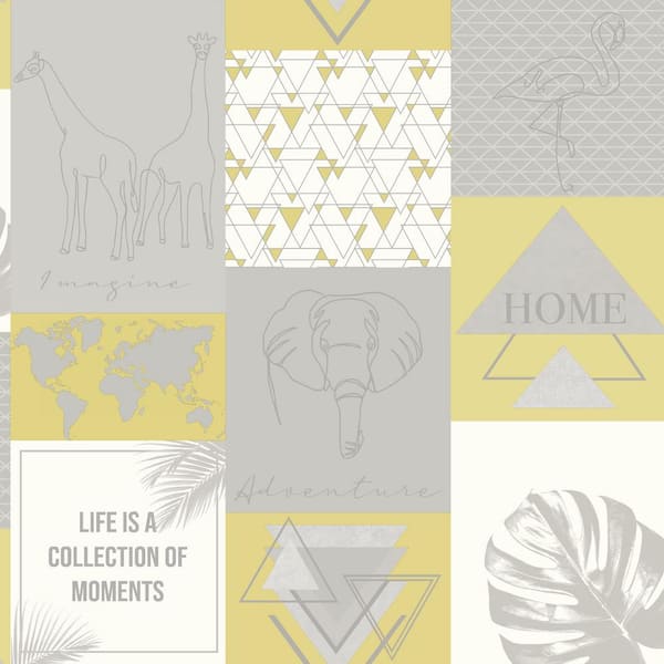 Walls Republic Metallic Collage Wallpaper Yellow & Grey Paper Strippable Roll (Covers 57 sq. ft.)