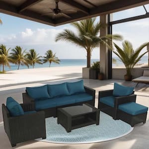 Dark Brown 7-Piece PE Rattan Wicker Patio Conversation Set with Glass Table and Peacock Blue Cushions