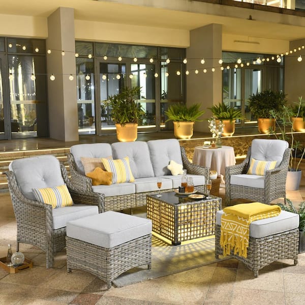 OVIOS Palffy Gray 6-Piece Wicker Patio Conversation Seating Set with Gray Cushions and Coffee Table