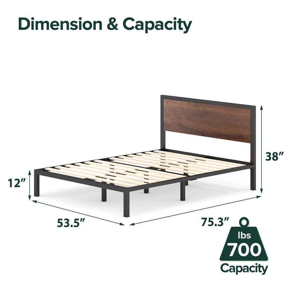 Full Black Metal Platform Bed Frame with Wood Headboard