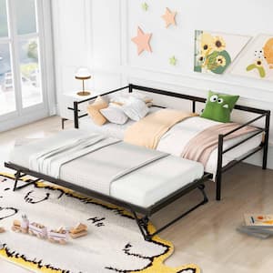 Black Twin Size Metal Daybed with Adjustable Trundle, Pop Up Trundle