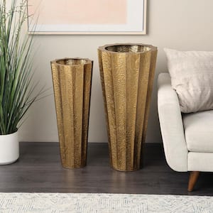 Gold Tall Textured Hammered Floor Metal Decorative Vase Set of 2