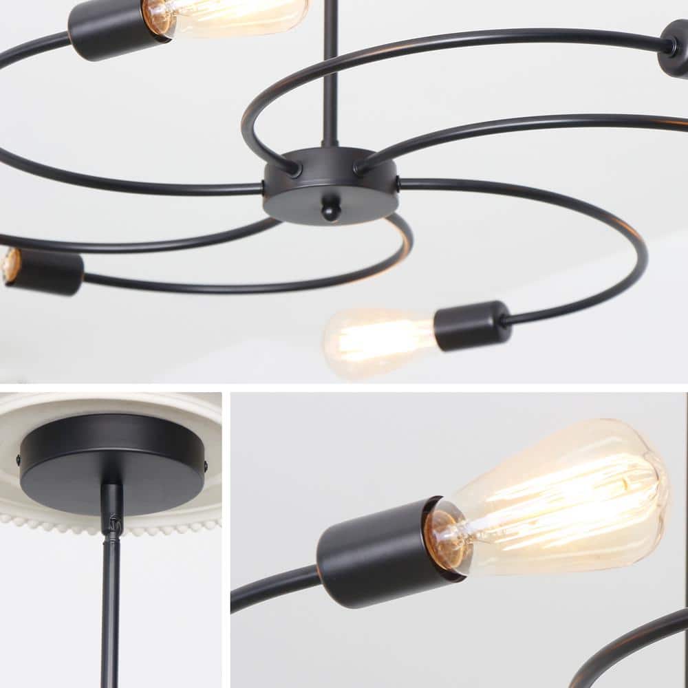 Black Metal 6-Light Sputnik Chandelier with Spiral Design