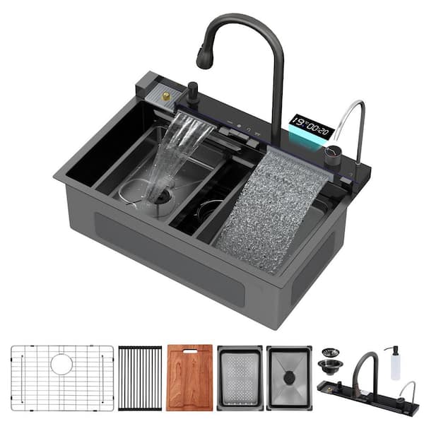 30 in. Drop-In Single Bowl 16 Gauge Gunmetal Black Stainless Steel Kitchen Sink with Pull-out and Filtered Water Faucet