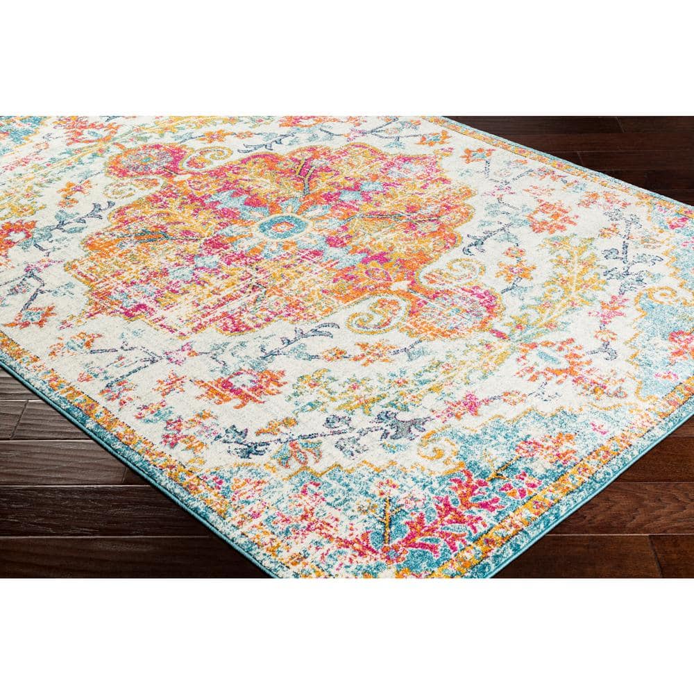 Odelia Orange and Aqua Vintage Medallion Area Rug 7'10" x 10'2"