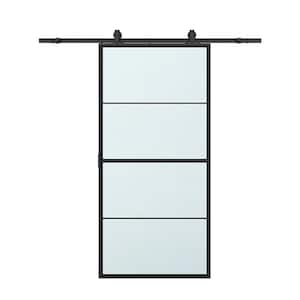 36 in. x 84 in. Full Lite Frosted Glass Black Steel Frame Interior Sliding Barn Door with Hardware Kit and Door Handle