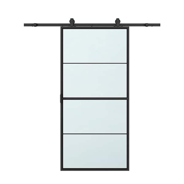 CALHOME 36 in. x 84 in. Full Lite Frosted Glass Black Steel Frame Interior Sliding Barn Door with Hardware Kit and Door Handle