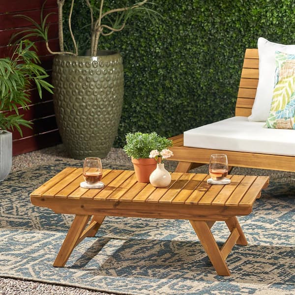 Outdoor Acacia Wood Side Table, Teak Finish Slatted Coffee Table