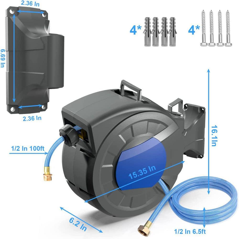 Gray and Blue Automatic Retractable Garden Hose Reel, 100 ft
